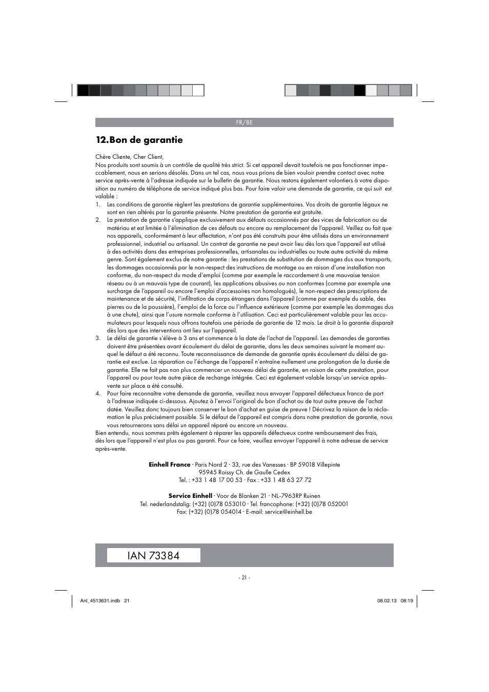 Bon de garantie | Parkside PABH 18 LI A1 User Manual | Page 21 / 74