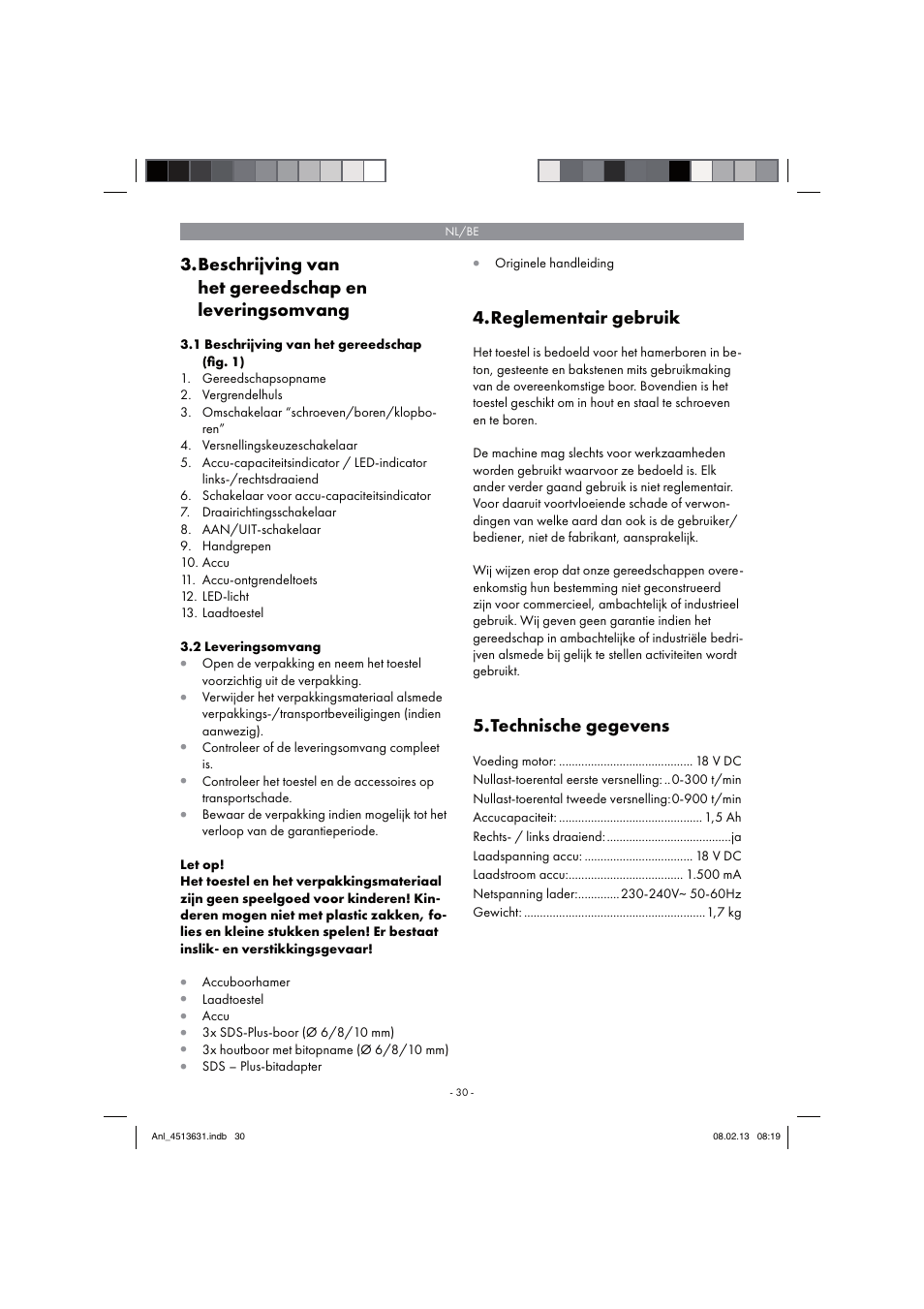 Reglementair gebruik, Technische gegevens | Parkside PABH 18 LI A1 User Manual | Page 30 / 74