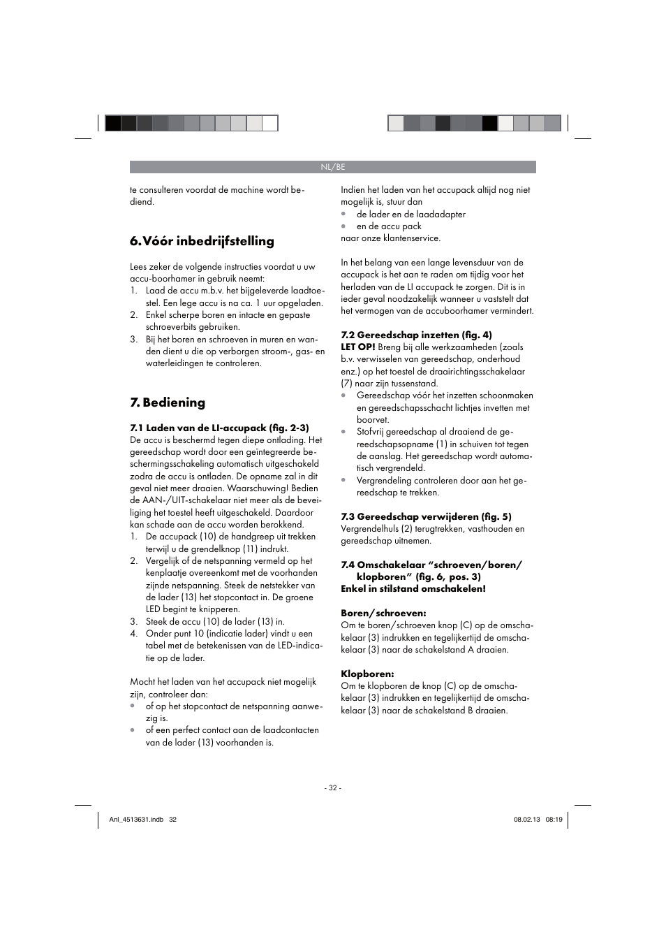 Vóór inbedrijfstelling, Bediening | Parkside PABH 18 LI A1 User Manual | Page 32 / 74