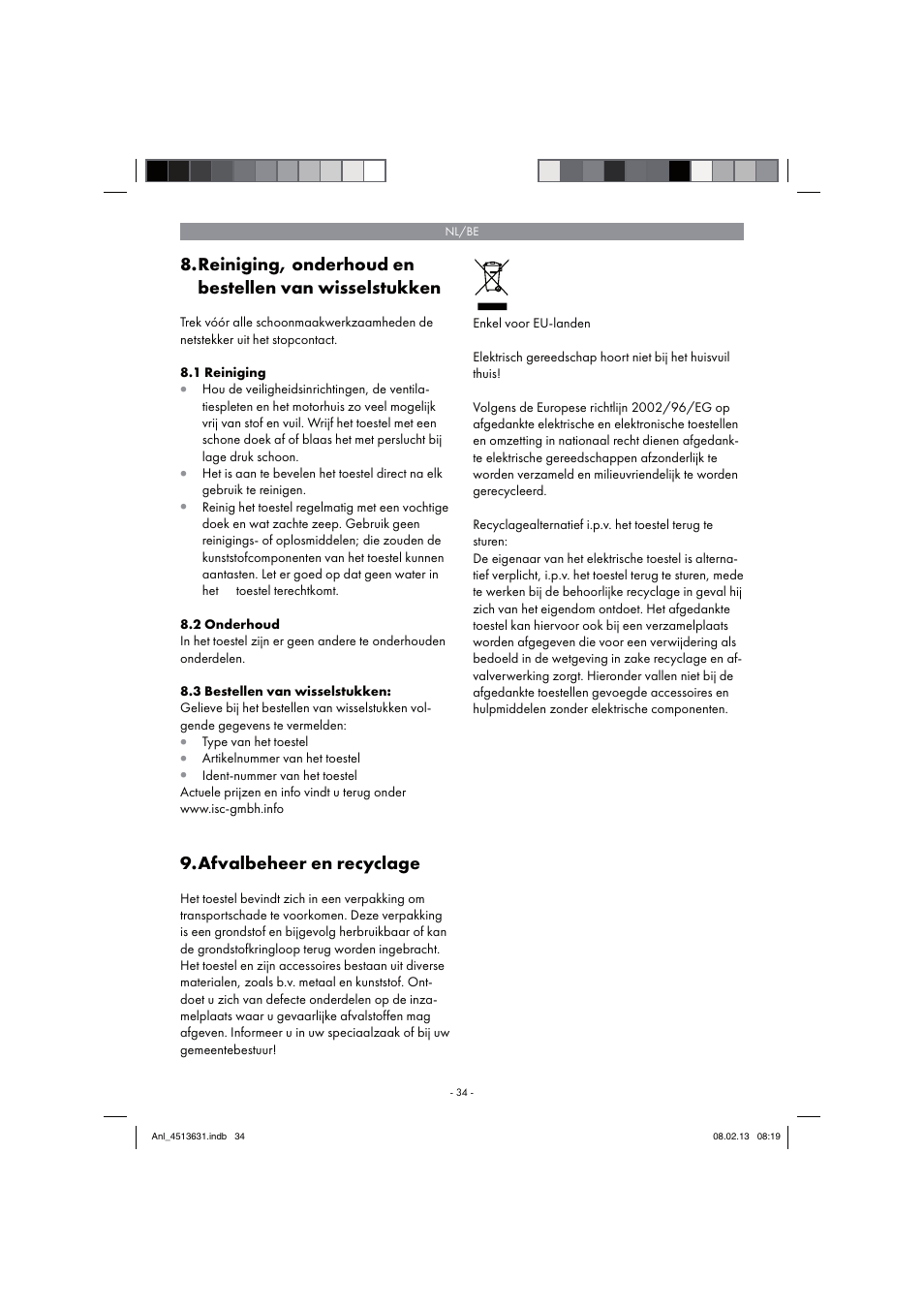 Afvalbeheer en recyclage | Parkside PABH 18 LI A1 User Manual | Page 34 / 74