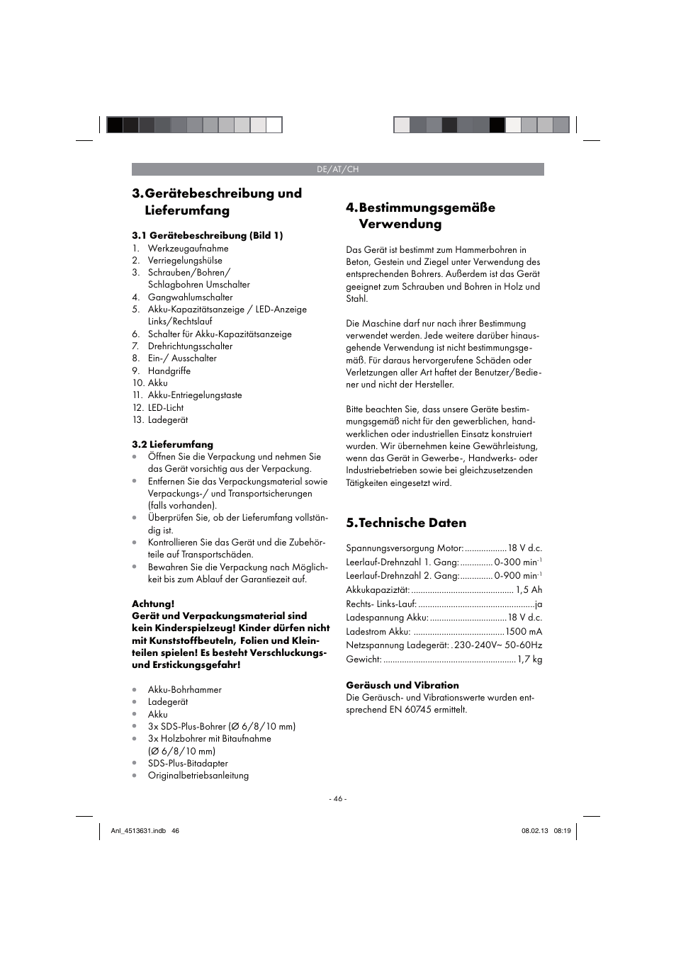 Gerätebeschreibung und lieferumfang, Bestimmungsgemäße verwendung, Technische daten | Parkside PABH 18 LI A1 User Manual | Page 46 / 74
