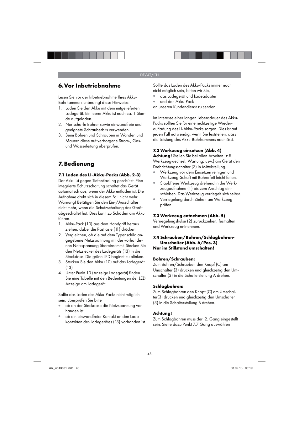 Vor inbetriebnahme, Bedienung | Parkside PABH 18 LI A1 User Manual | Page 48 / 74