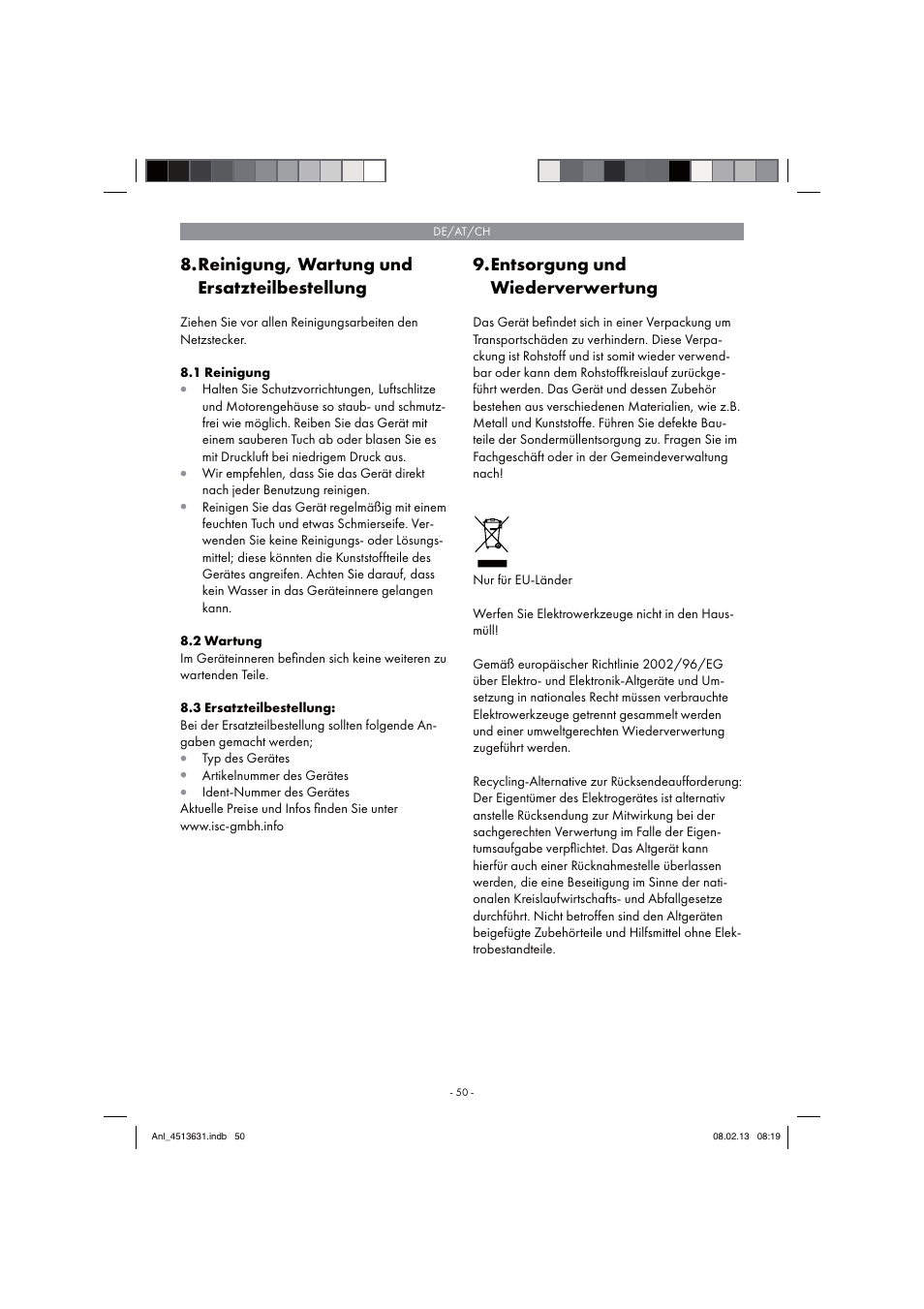 Reinigung, wartung und ersatzteilbestellung, Entsorgung und wiederverwertung | Parkside PABH 18 LI A1 User Manual | Page 50 / 74