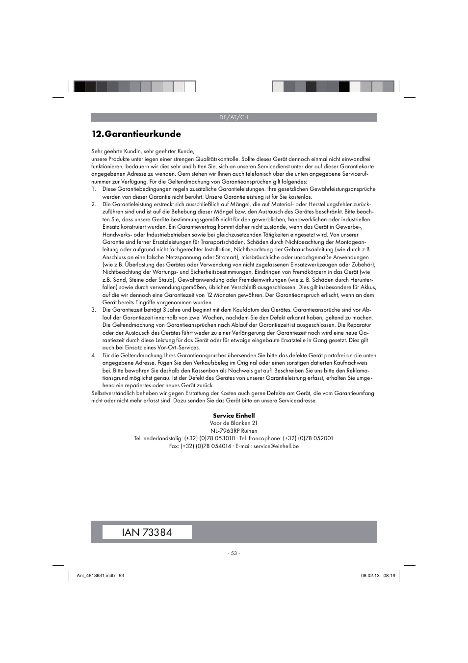 Garantieurkunde | Parkside PABH 18 LI A1 User Manual | Page 53 / 74