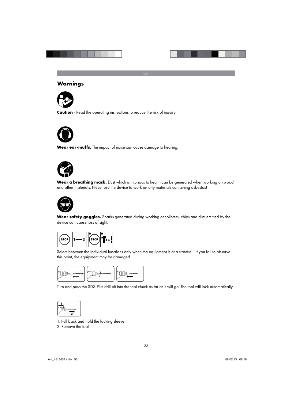 Warnings | Parkside PABH 18 LI A1 User Manual | Page 55 / 74