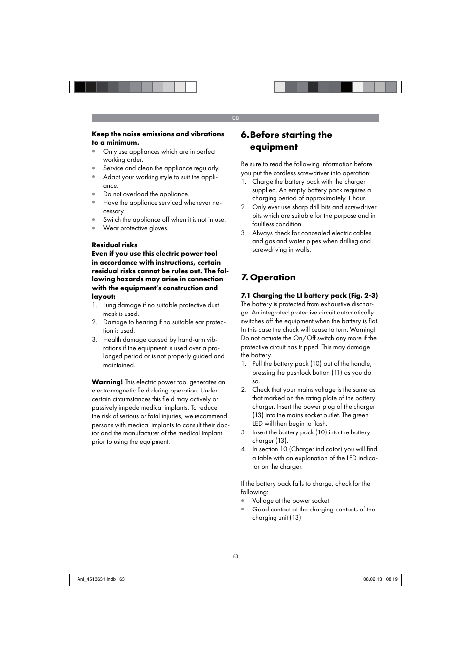 Before starting the equipment, Operation | Parkside PABH 18 LI A1 User Manual | Page 63 / 74