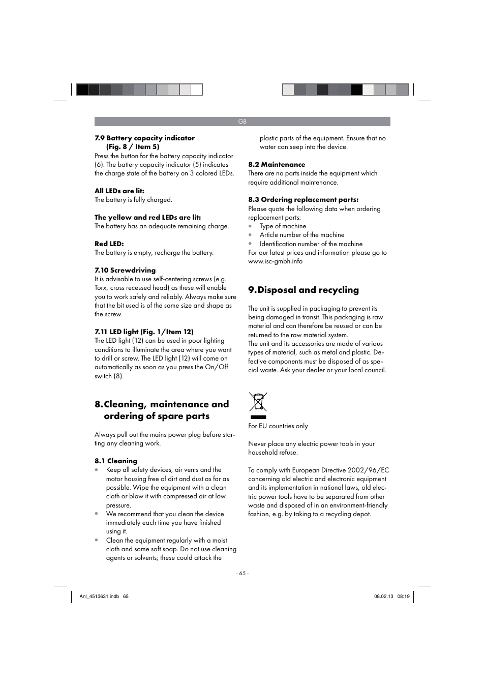 Cleaning, maintenance and ordering of spare parts, Disposal and recycling | Parkside PABH 18 LI A1 User Manual | Page 65 / 74