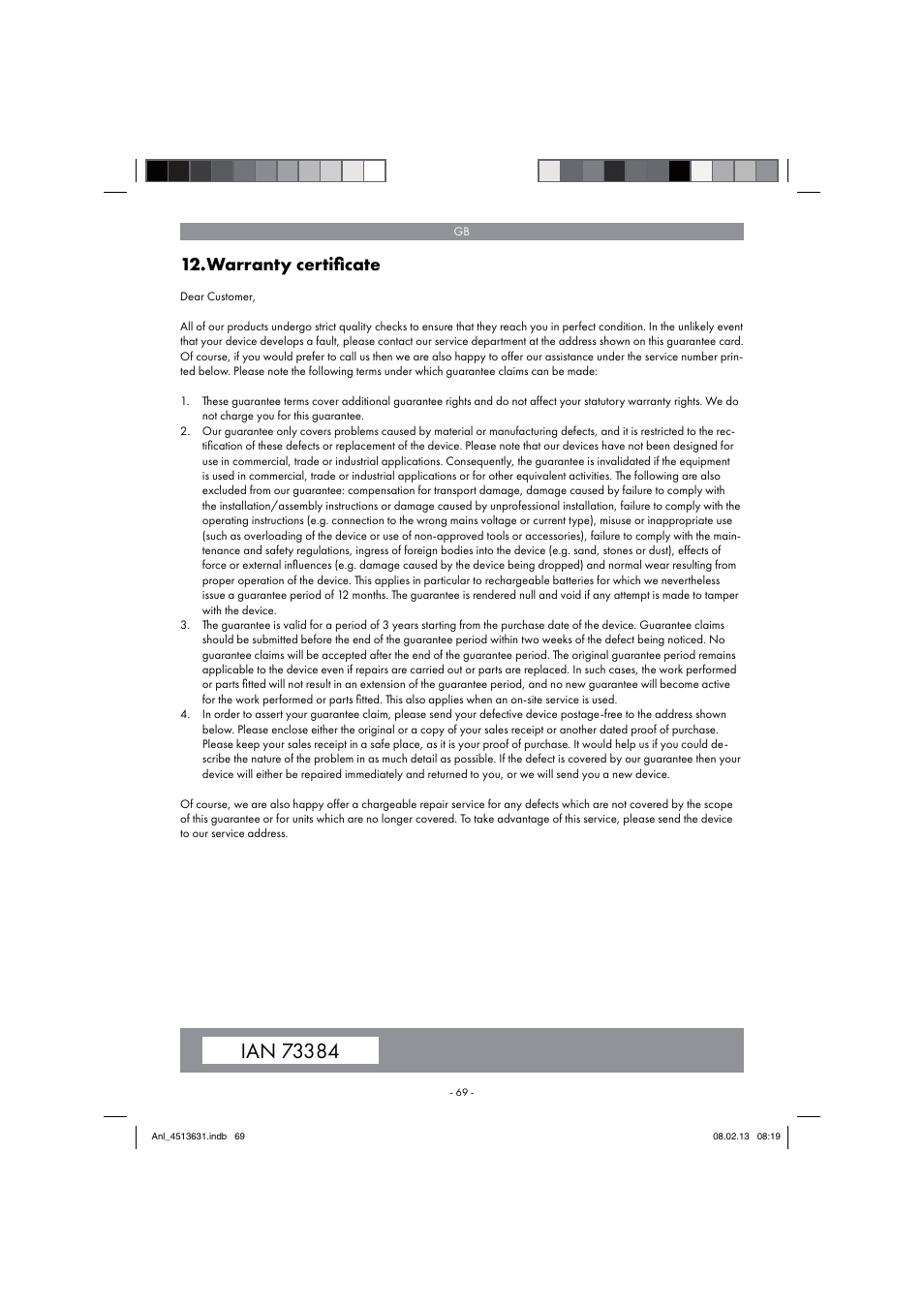 Warranty certiﬁ cate | Parkside PABH 18 LI A1 User Manual | Page 69 / 74