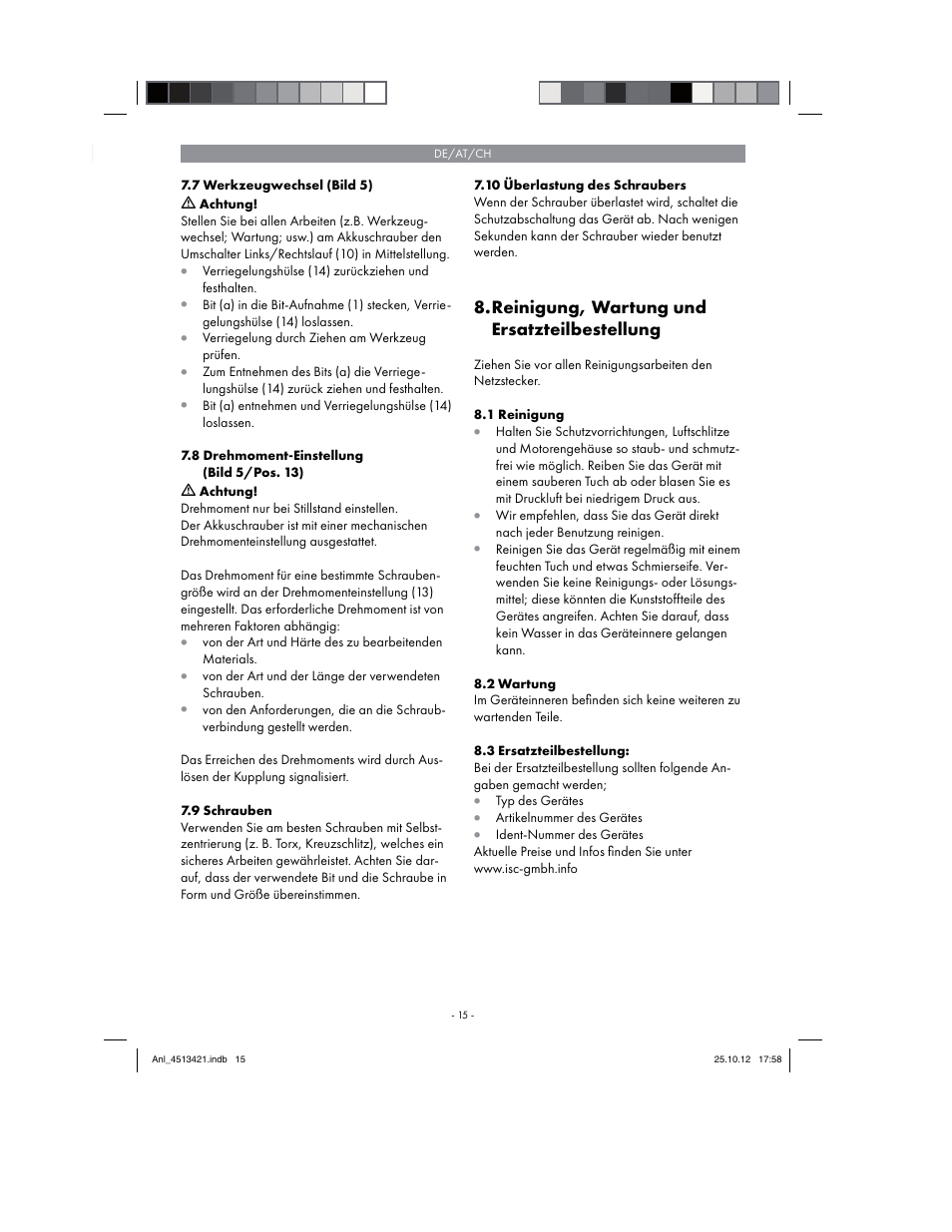 Reinigung, wartung und ersatzteilbestellung | Parkside PASS 3.6 A1 User Manual | Page 15 / 78