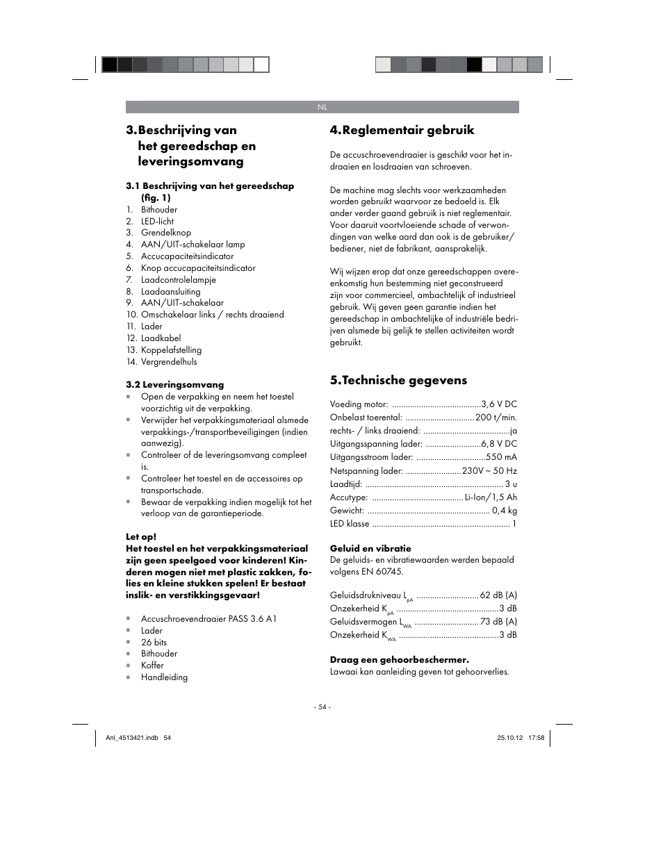 Reglementair gebruik, Technische gegevens | Parkside PASS 3.6 A1 User Manual | Page 54 / 78