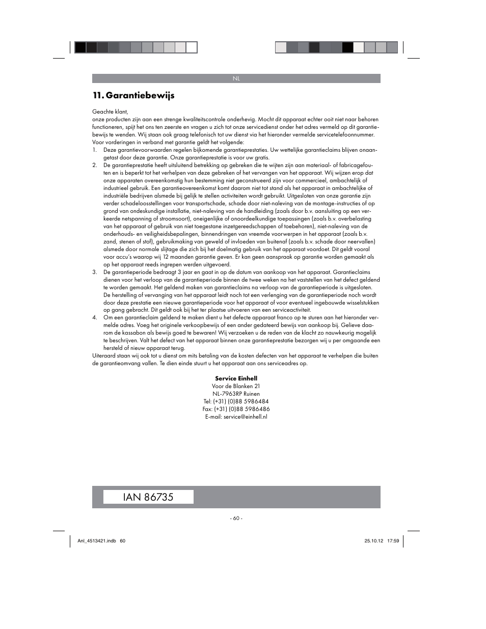 Garantiebewijs | Parkside PASS 3.6 A1 User Manual | Page 60 / 78