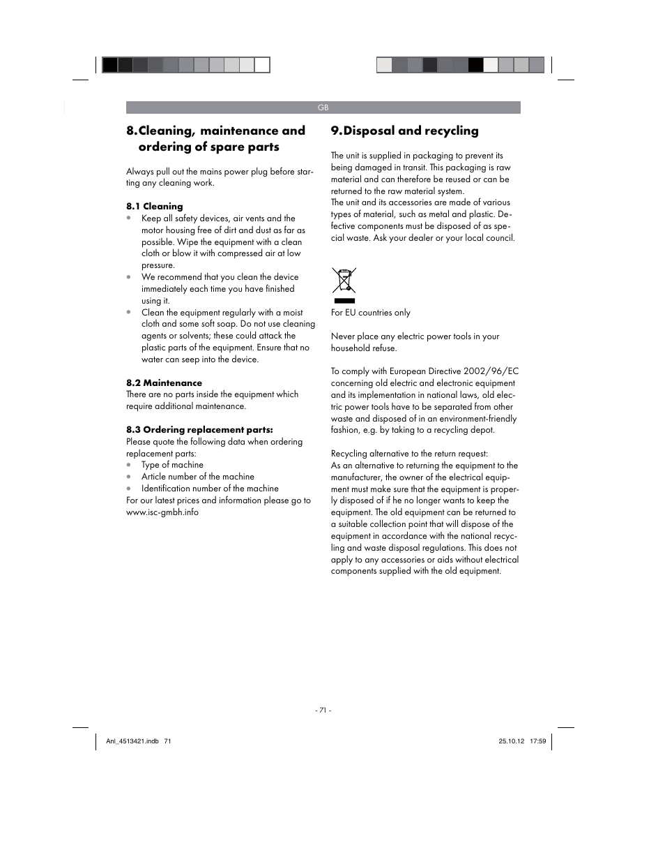 Cleaning, maintenance and ordering of spare parts, Disposal and recycling | Parkside PASS 3.6 A1 User Manual | Page 71 / 78