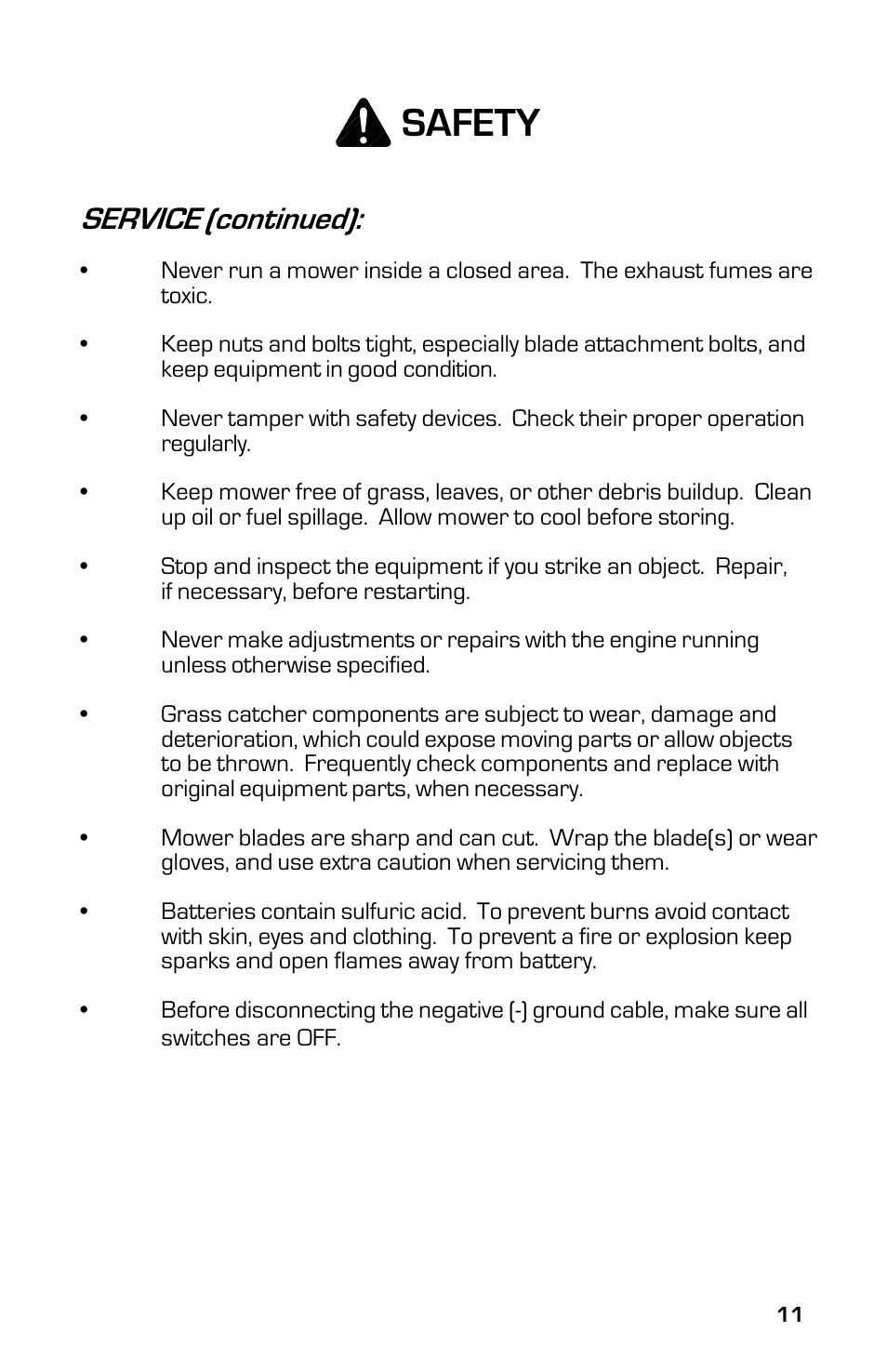 Safety, Service (continued) | Dixon 8000G Series User Manual | Page 11 / 44