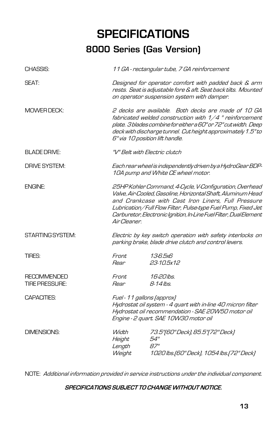 Specifications, 8000 series (gas version) | Dixon 8000G Series User Manual | Page 13 / 44