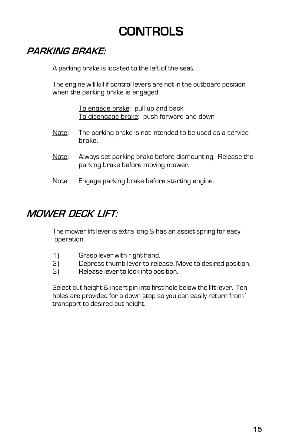 Controls, Parking brake, Mower deck lift | Dixon 8000G Series User Manual | Page 15 / 44