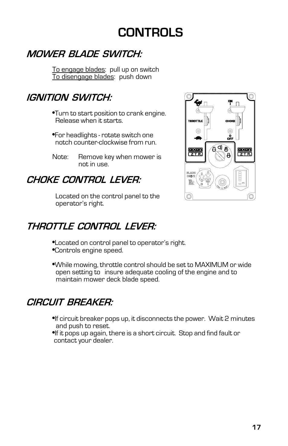 Controls, Mower blade switch, Ignition switch | Choke control lever, Throttle control lever, Circuit breaker | Dixon 8000G Series User Manual | Page 17 / 44