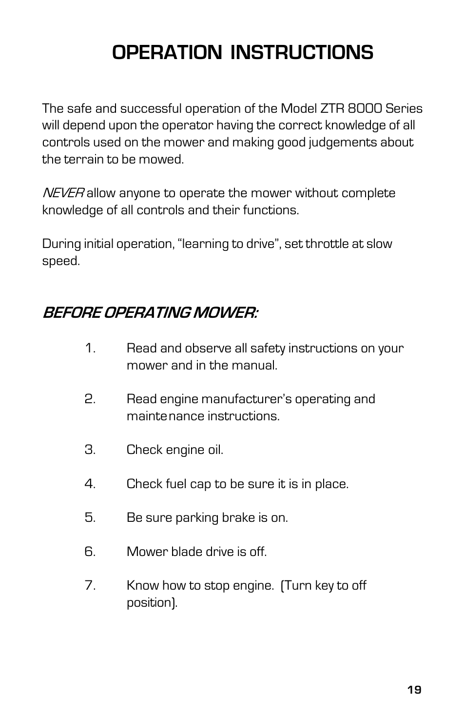 Operation instructions, Before operating mower | Dixon 8000G Series User Manual | Page 19 / 44