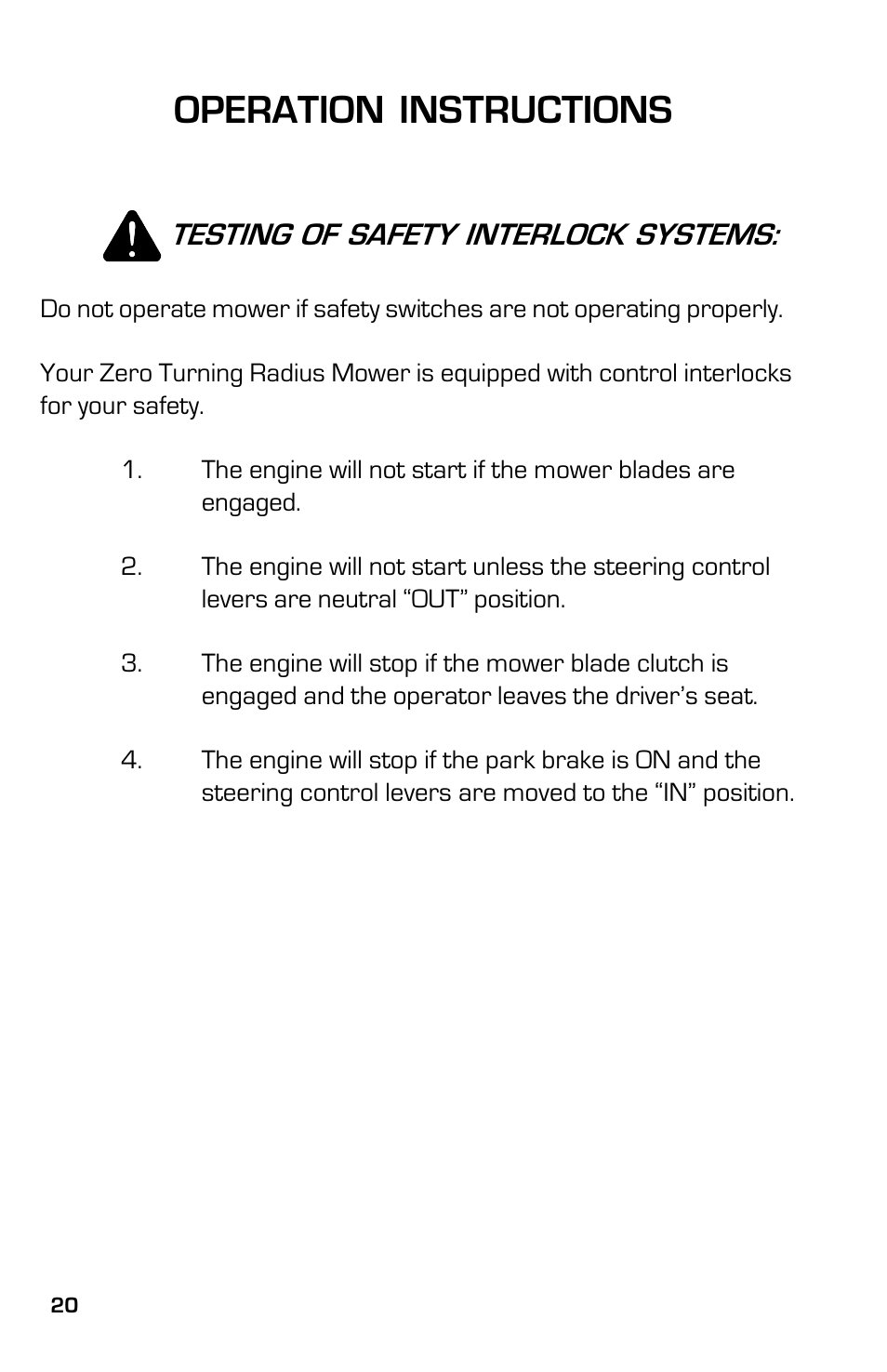 Operation instructions, Testing of safety interlock systems | Dixon 8000G Series User Manual | Page 20 / 44