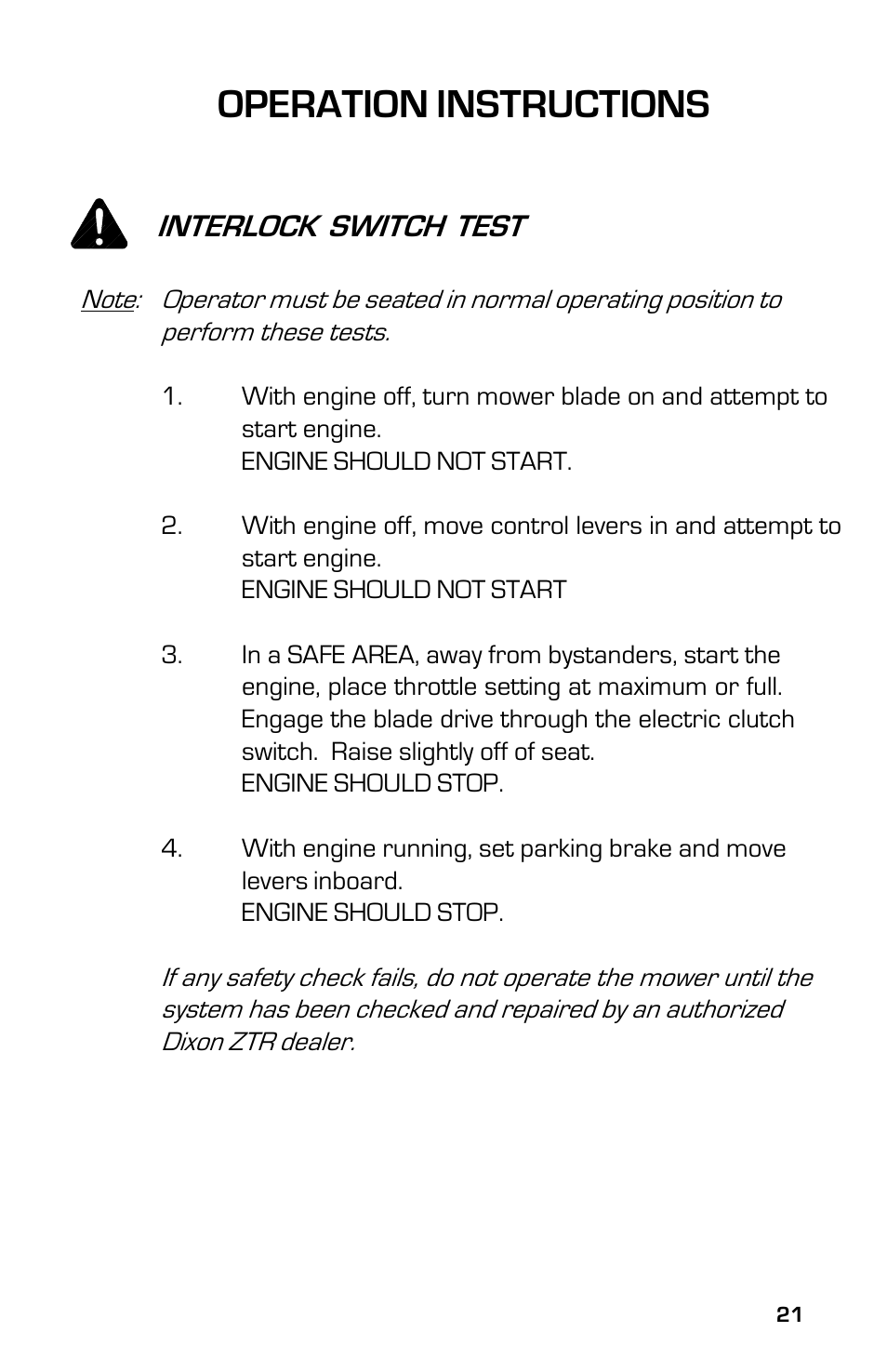 Operation instructions, Interlock switch test | Dixon 8000G Series User Manual | Page 21 / 44