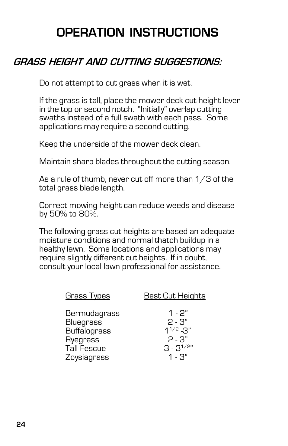 Operation instructions, Grass height and cutting suggestions | Dixon 8000G Series User Manual | Page 24 / 44