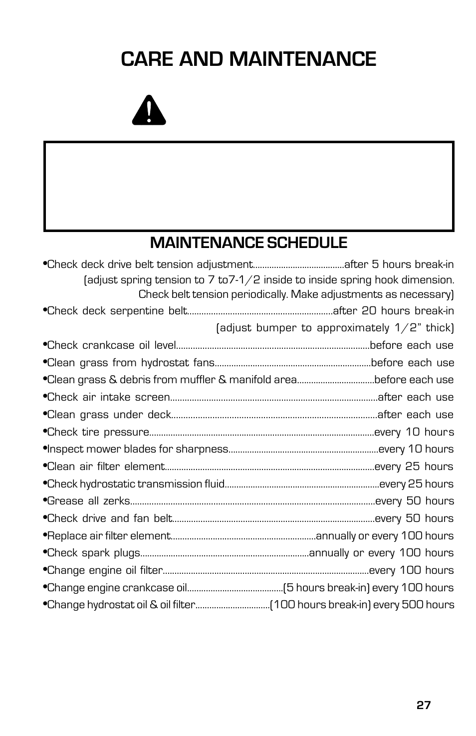 Maintenance schedule | Dixon 8000G Series User Manual | Page 27 / 44