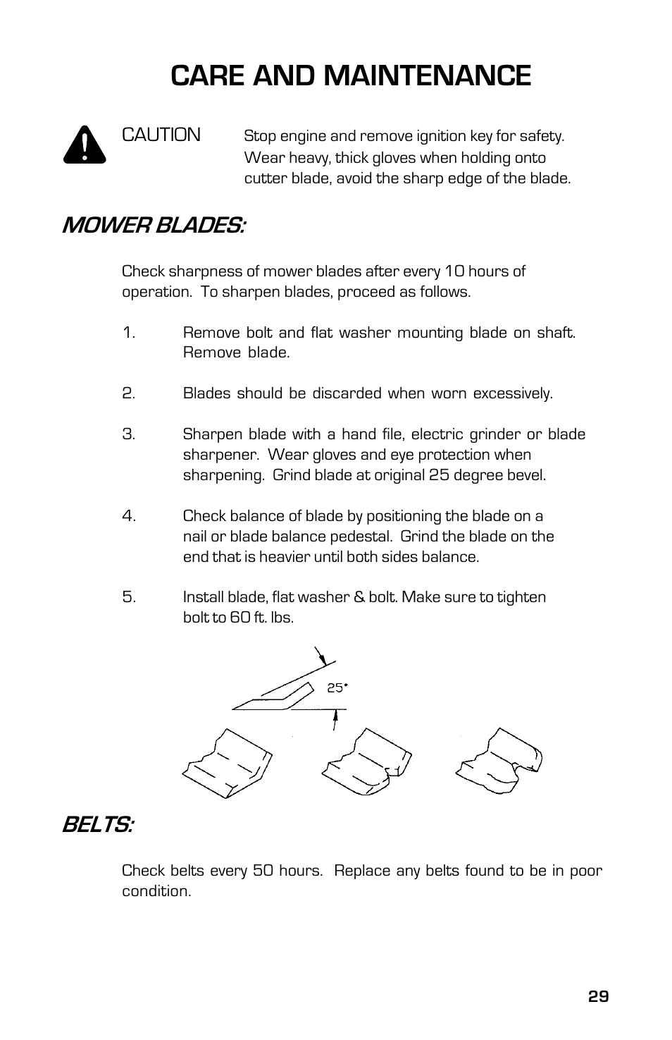 Care and maintenance, Mower blades, Belts | Dixon 8000G Series User Manual | Page 29 / 44