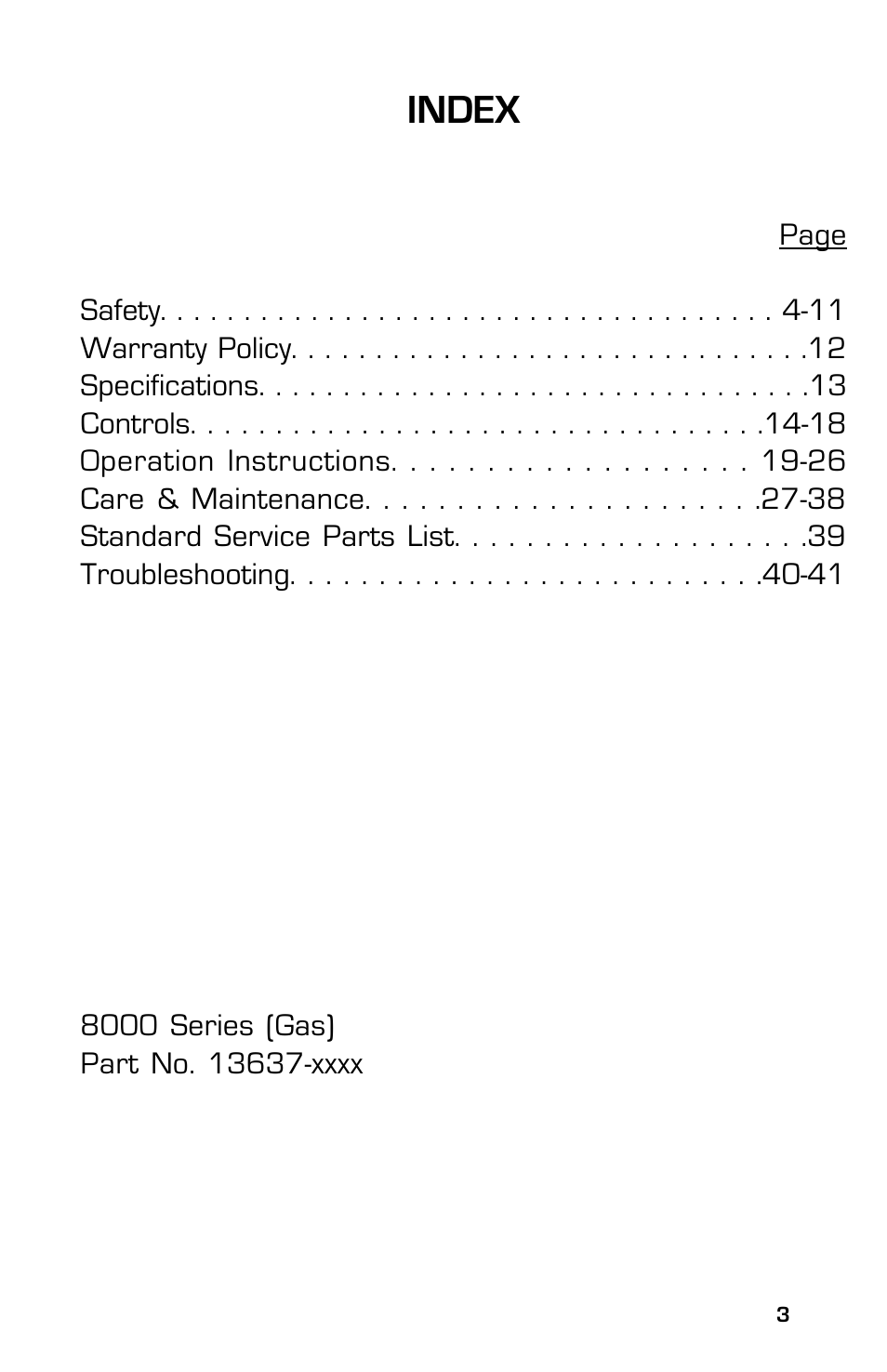 Index | Dixon 8000G Series User Manual | Page 3 / 44