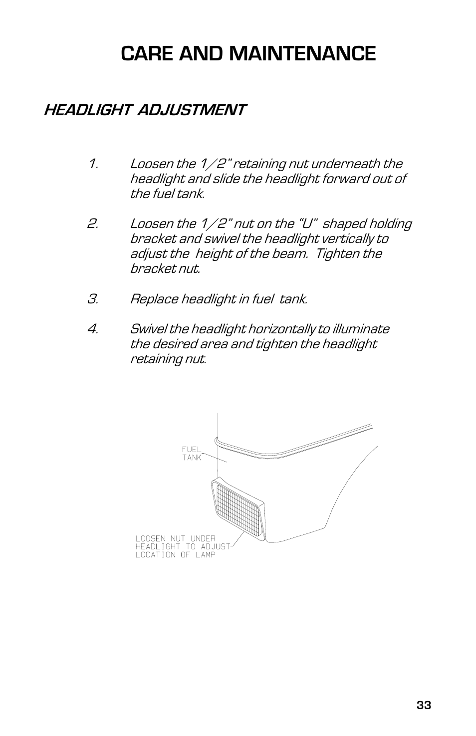 Care and maintenance, Headlight adjustment | Dixon 8000G Series User Manual | Page 33 / 44