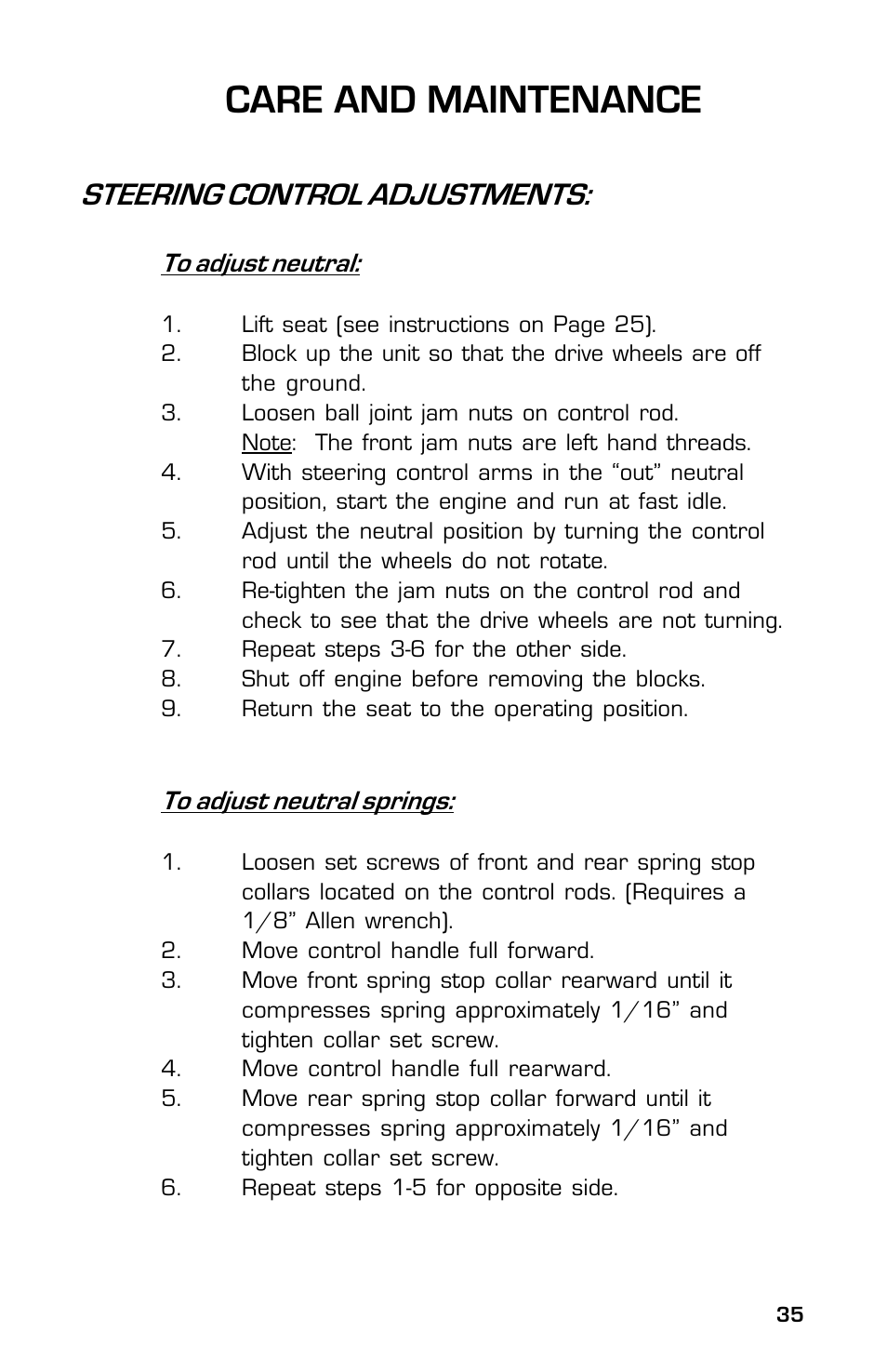 Care and maintenance, Steering control adjustments | Dixon 8000G Series User Manual | Page 35 / 44