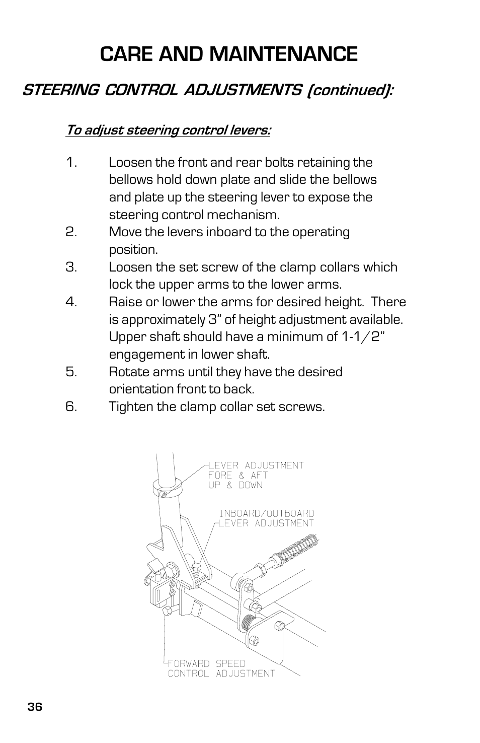 Care and maintenance, Steering control adjustments (continued) | Dixon 8000G Series User Manual | Page 36 / 44