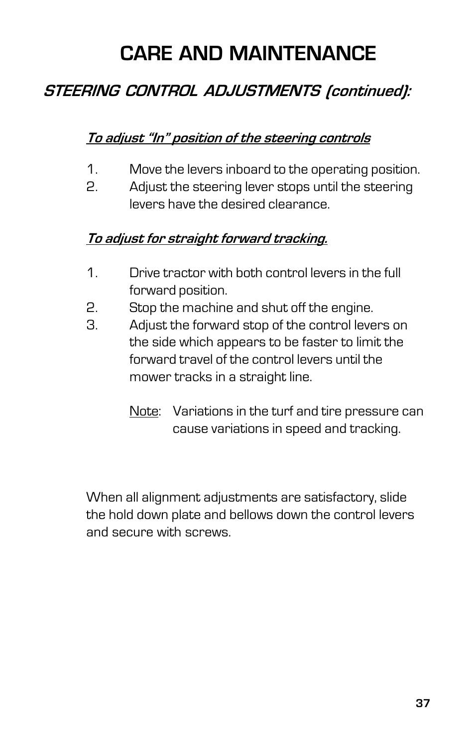 Care and maintenance, Steering control adjustments (continued) | Dixon 8000G Series User Manual | Page 37 / 44