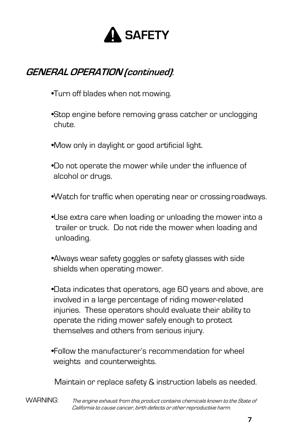 Safety, General operation (continued) | Dixon 8000G Series User Manual | Page 7 / 44