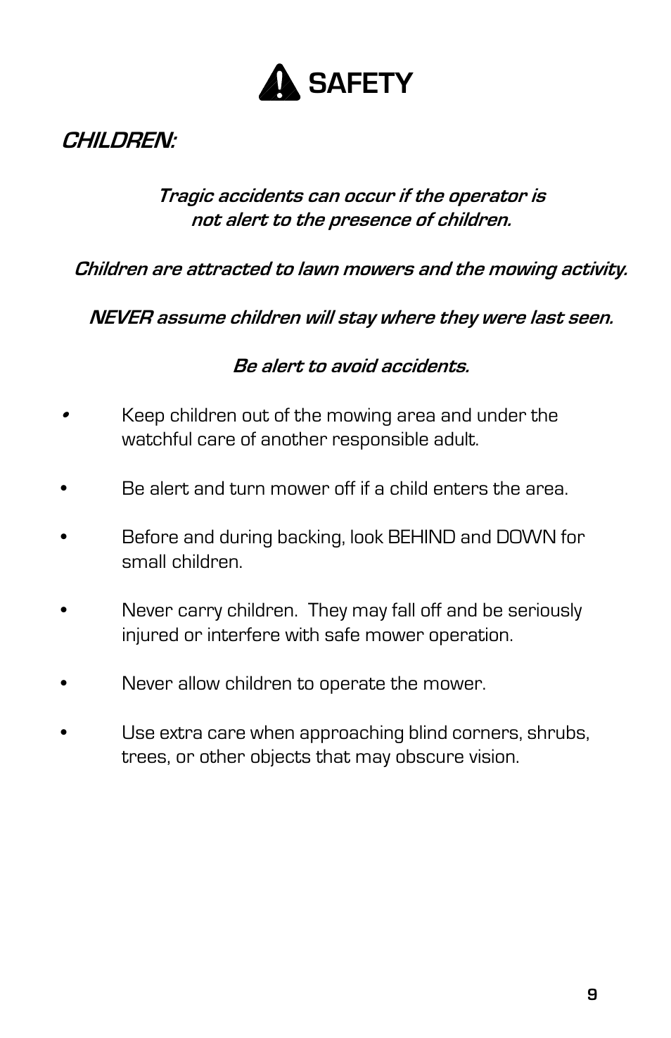 Safety, Children | Dixon 8000G Series User Manual | Page 9 / 44