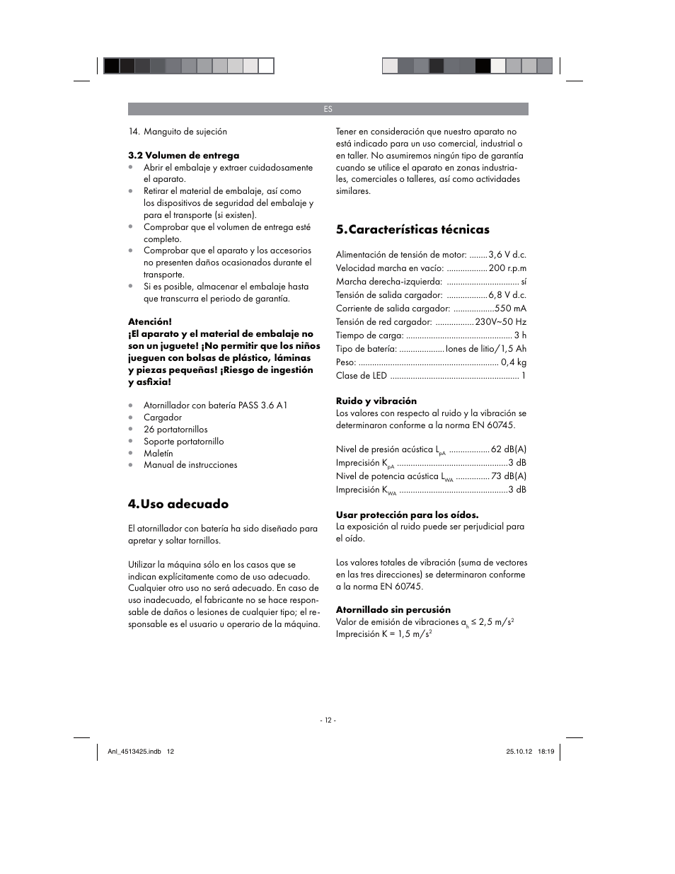 Uso adecuado, Características técnicas | Parkside PASS 3.6 A1 User Manual | Page 12 / 78