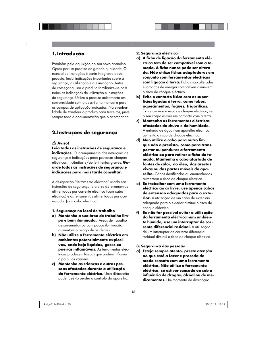 Introdução, Instruções de segurança | Parkside PASS 3.6 A1 User Manual | Page 35 / 78