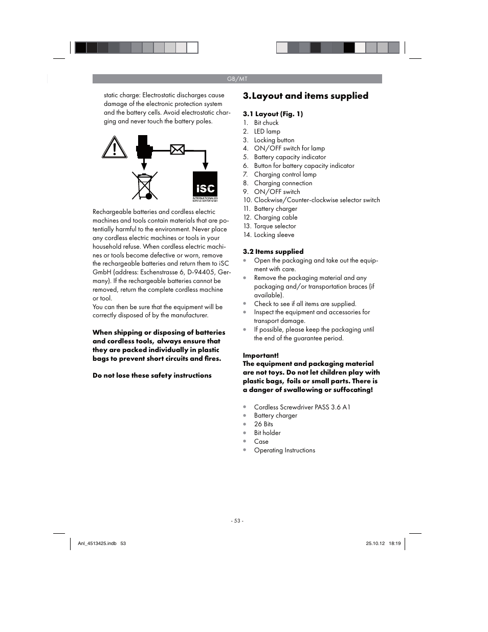Layout and items supplied | Parkside PASS 3.6 A1 User Manual | Page 53 / 78