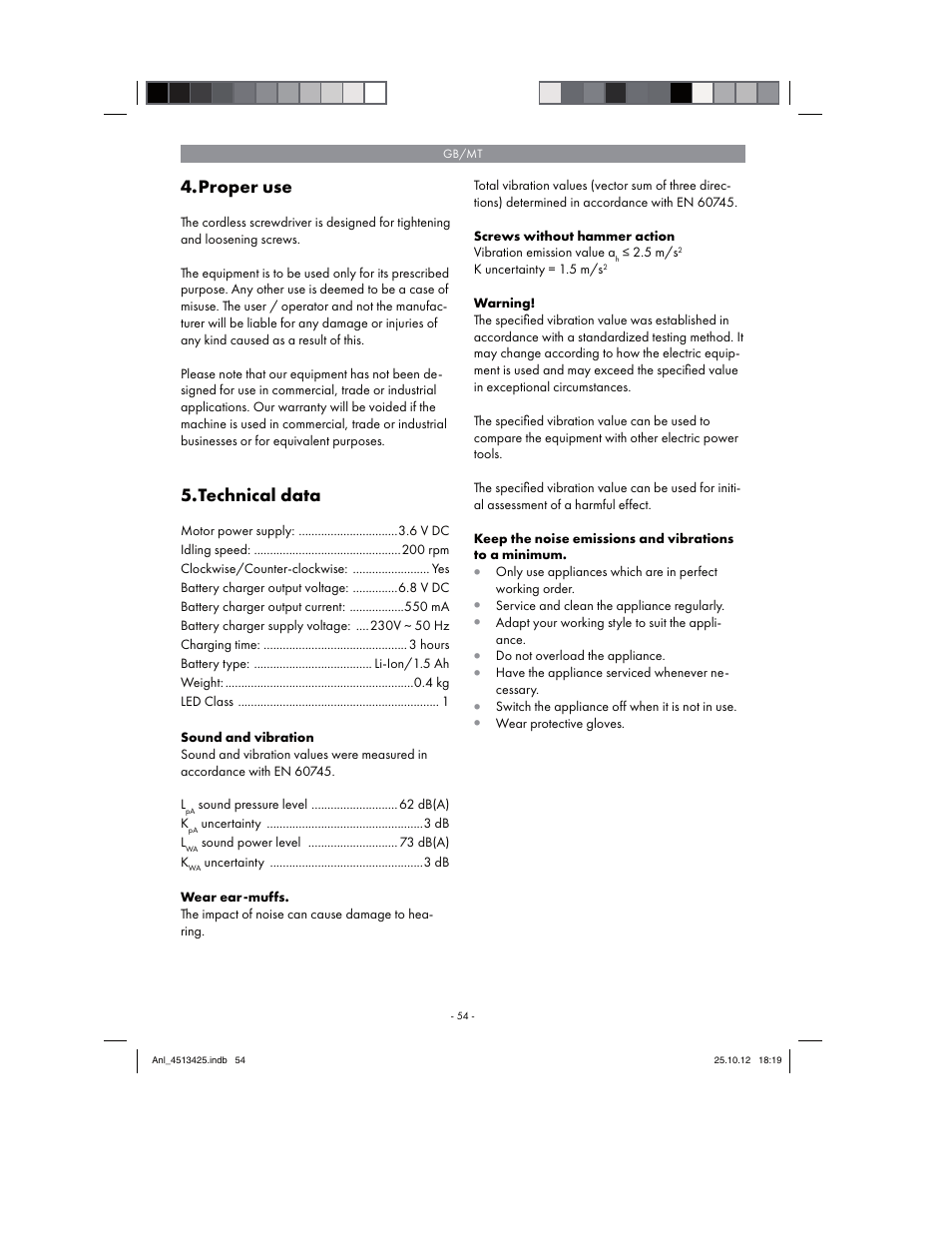 Proper use, Technical data | Parkside PASS 3.6 A1 User Manual | Page 54 / 78