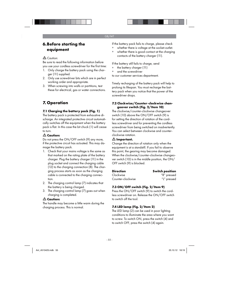Before starting the equipment, Operation | Parkside PASS 3.6 A1 User Manual | Page 55 / 78