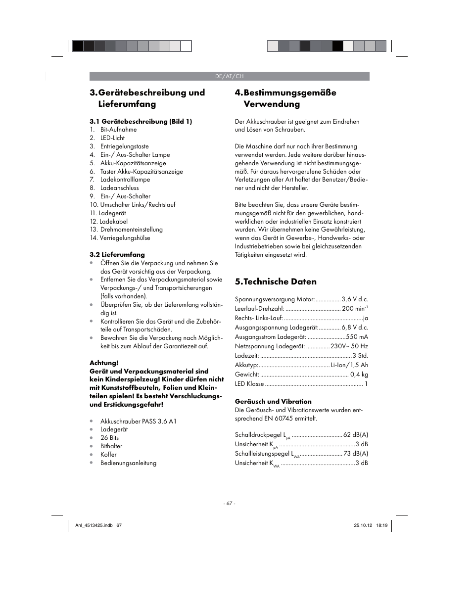 Gerätebeschreibung und lieferumfang, Bestimmungsgemäße verwendung, Technische daten | Parkside PASS 3.6 A1 User Manual | Page 67 / 78