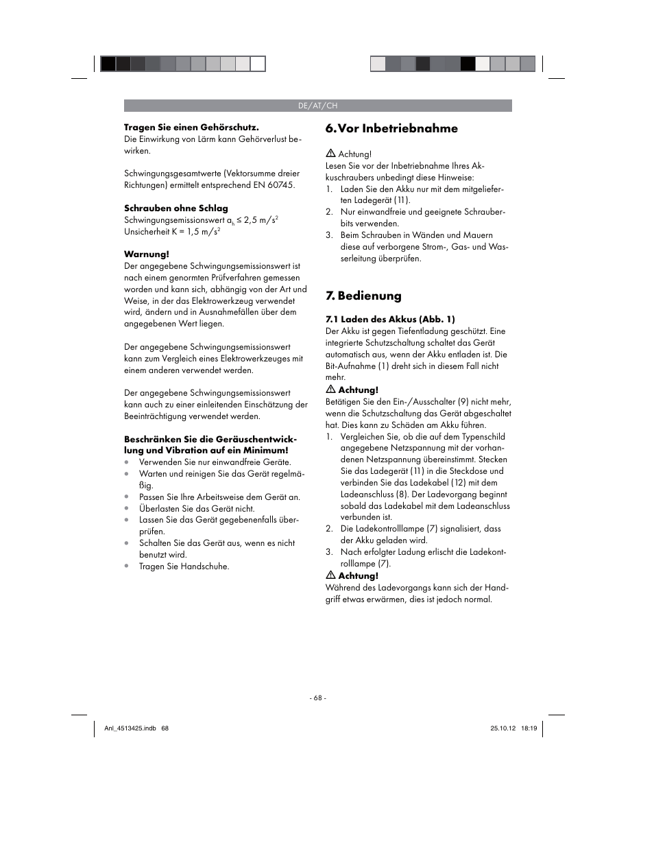 Vor inbetriebnahme, Bedienung | Parkside PASS 3.6 A1 User Manual | Page 68 / 78