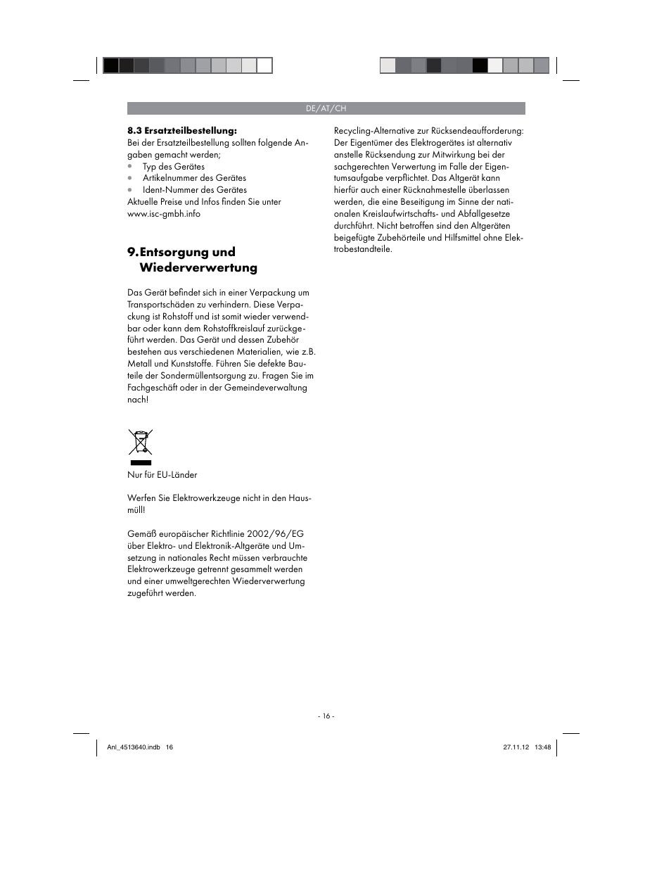 Entsorgung und wiederverwertung | Parkside PABSW 10.8 A1 User Manual | Page 16 / 82