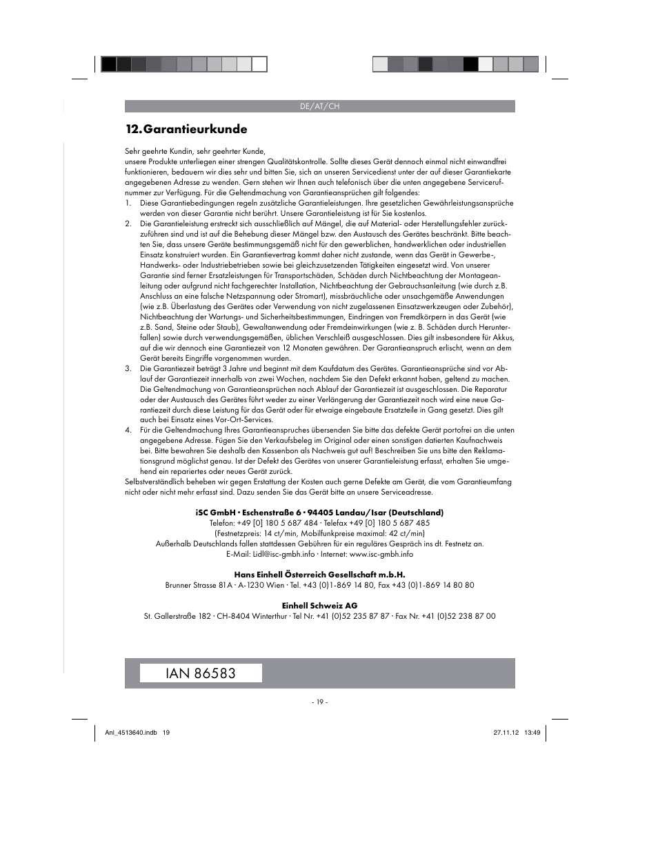 Garantieurkunde | Parkside PABSW 10.8 A1 User Manual | Page 19 / 82