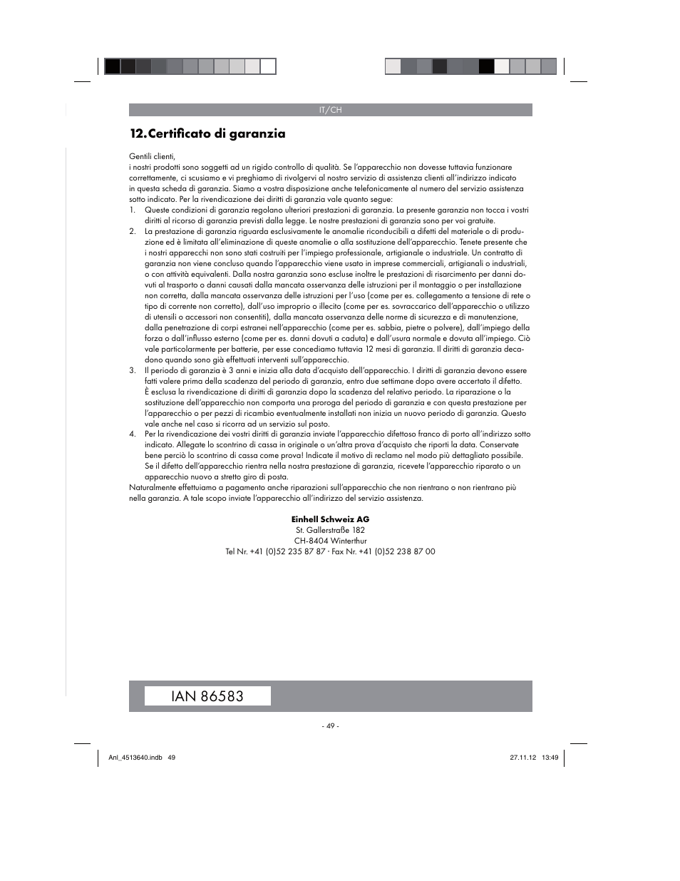 Certiﬁ cato di garanzia | Parkside PABSW 10.8 A1 User Manual | Page 49 / 82