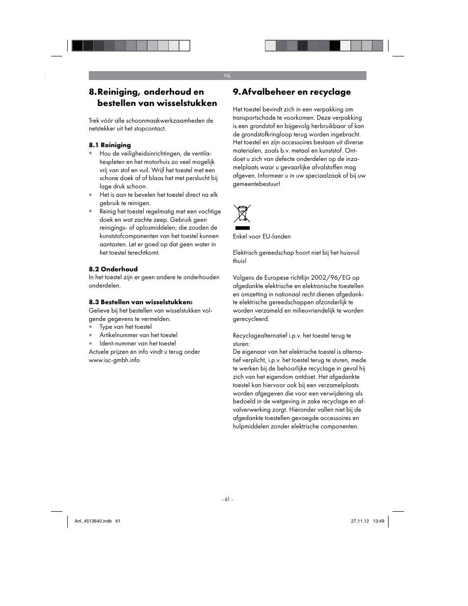 Afvalbeheer en recyclage | Parkside PABSW 10.8 A1 User Manual | Page 61 / 82
