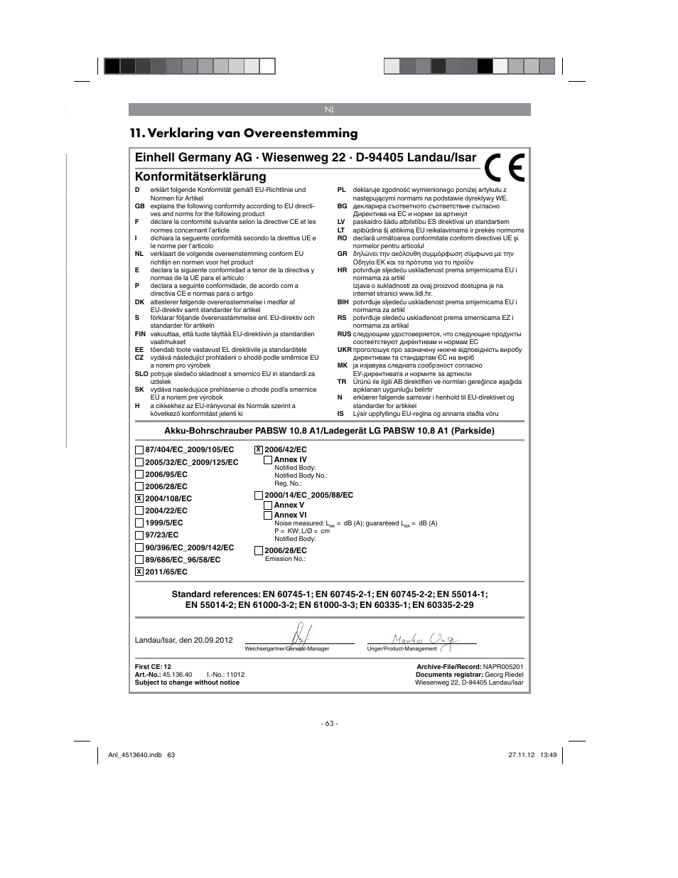 Verklaring van overeenstemming, Konformitätserklärung | Parkside PABSW 10.8 A1 User Manual | Page 63 / 82