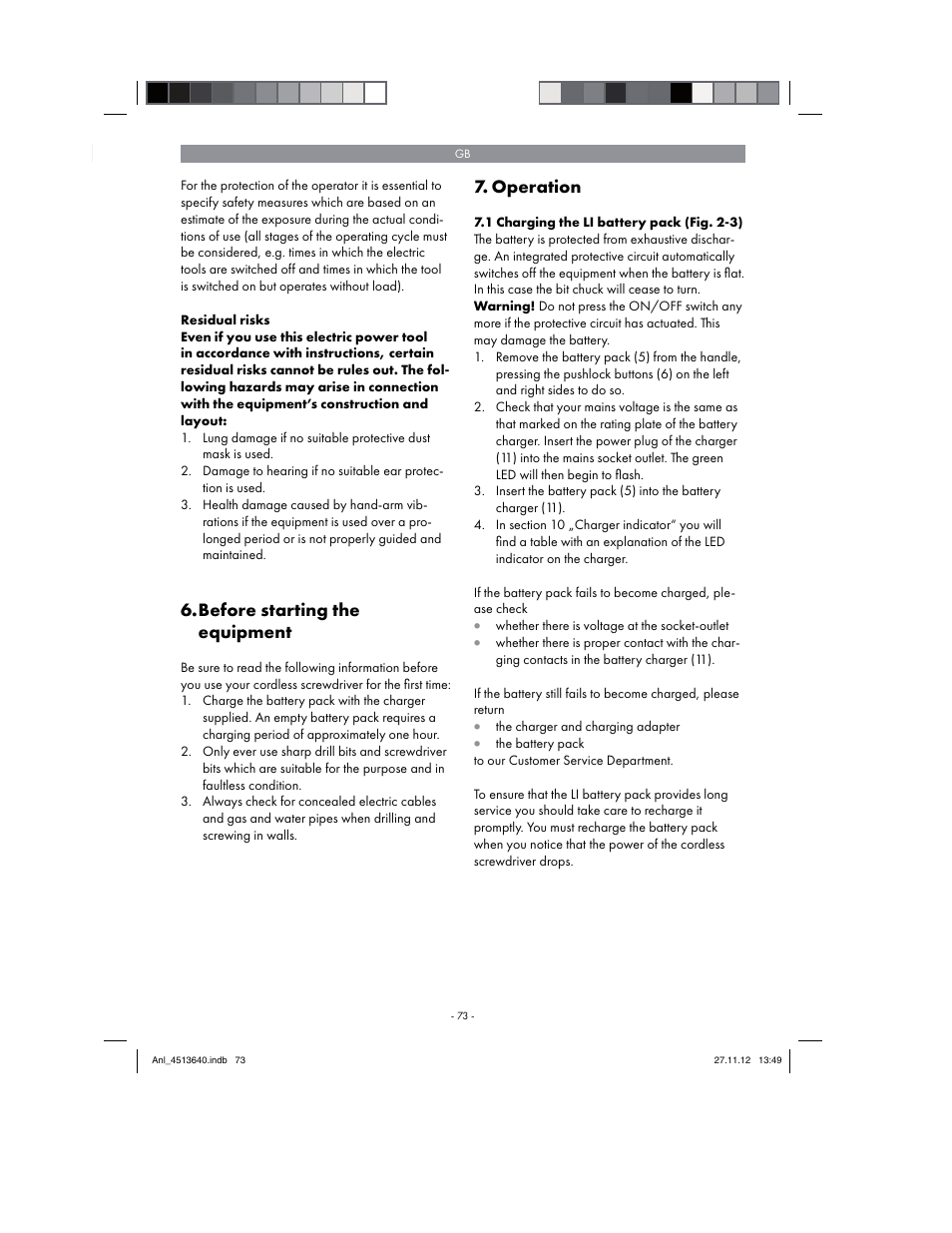 Before starting the equipment, Operation | Parkside PABSW 10.8 A1 User Manual | Page 73 / 82