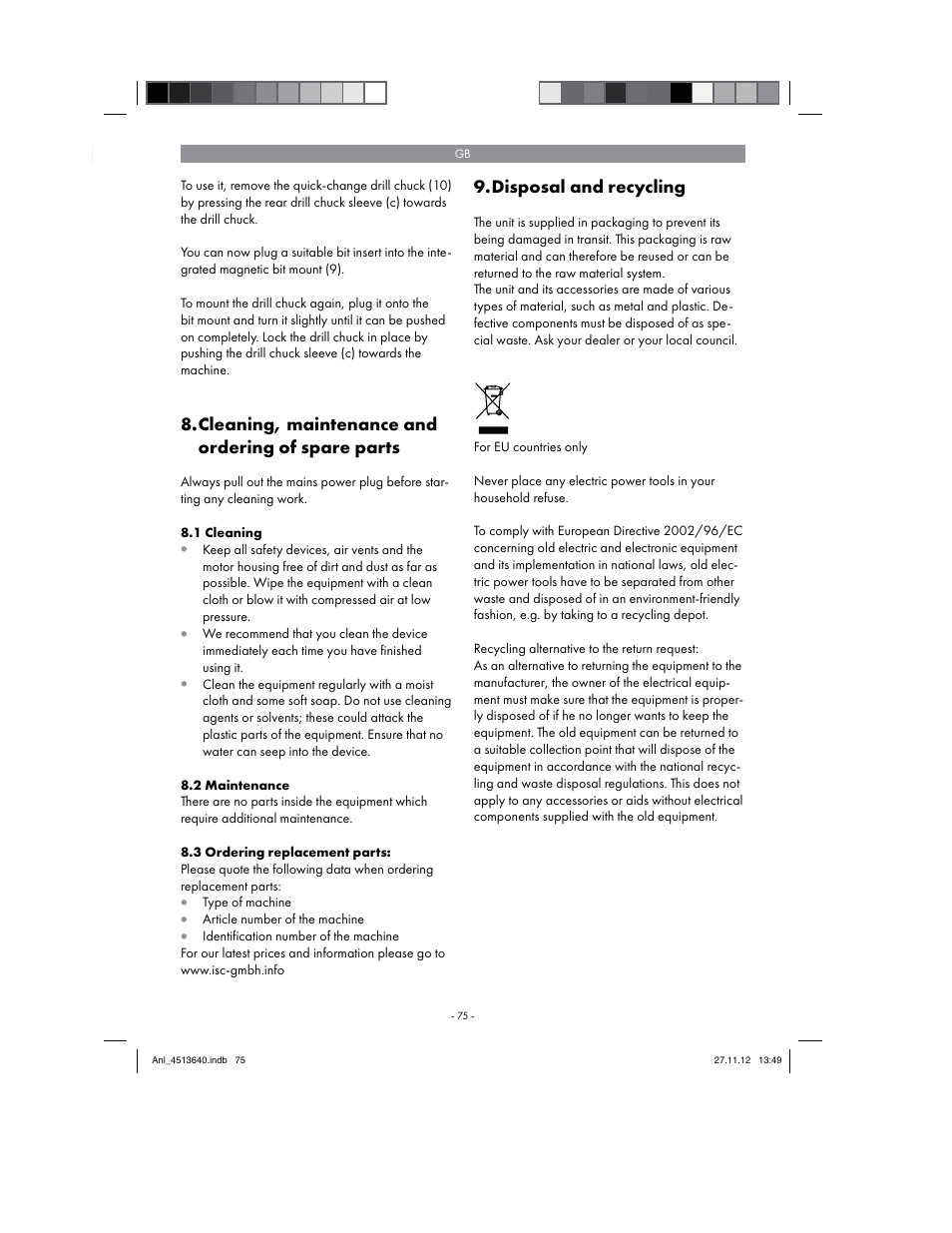 Cleaning, maintenance and ordering of spare parts, Disposal and recycling | Parkside PABSW 10.8 A1 User Manual | Page 75 / 82