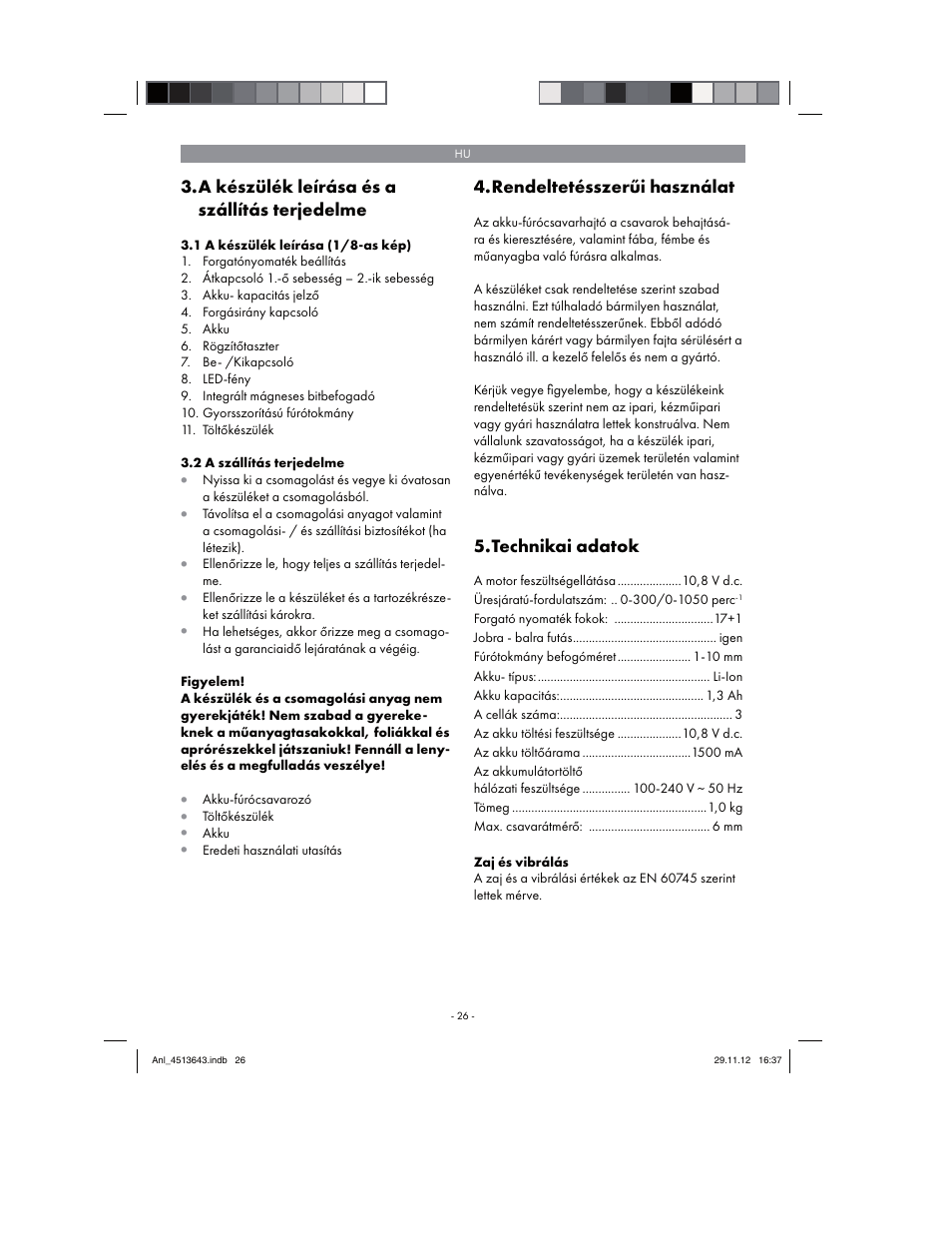 A készülék leírása és a szállítás terjedelme, Rendeltetésszerűi használat, Technikai adatok | Parkside PABSW 10.8 A1 User Manual | Page 26 / 110