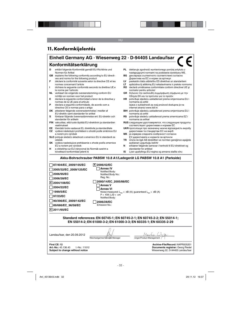 Konformkijelentés, Konformitätserklärung | Parkside PABSW 10.8 A1 User Manual | Page 32 / 110