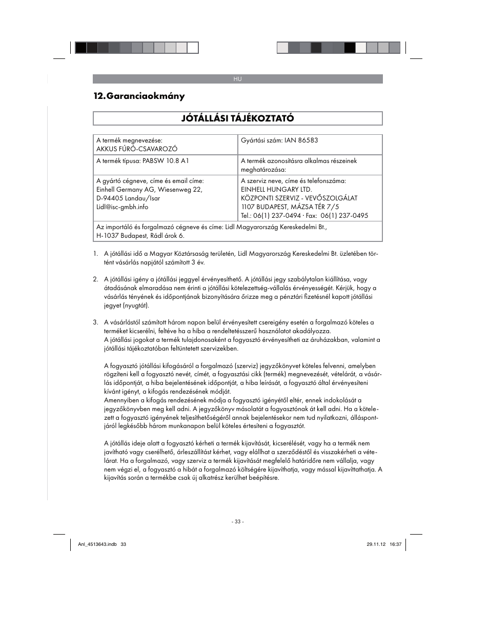 Garanciaokmány jótállási tájékoztató | Parkside PABSW 10.8 A1 User Manual | Page 33 / 110